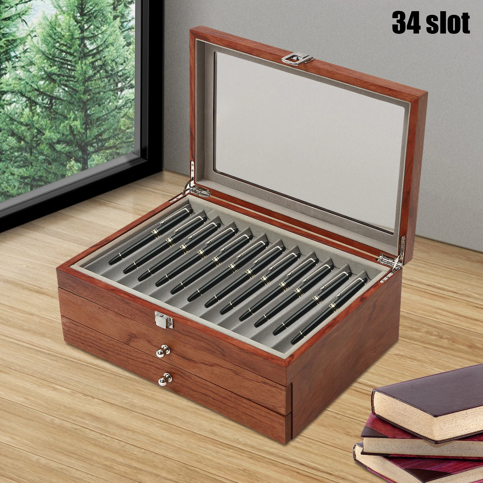 34 Slots Fountain Pen Storage Case Drawer Cabinet Rosewood Show Box Student Stationery Organizer Case for Gift