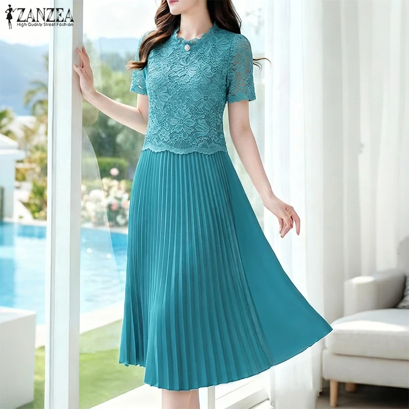 

ZANZEA Elegant Long Shirt Dresses Women Short Sleeve Lace Patchwork Evening Sundress 2026 Fashion O-Neck Casual Solid Midi Robe
