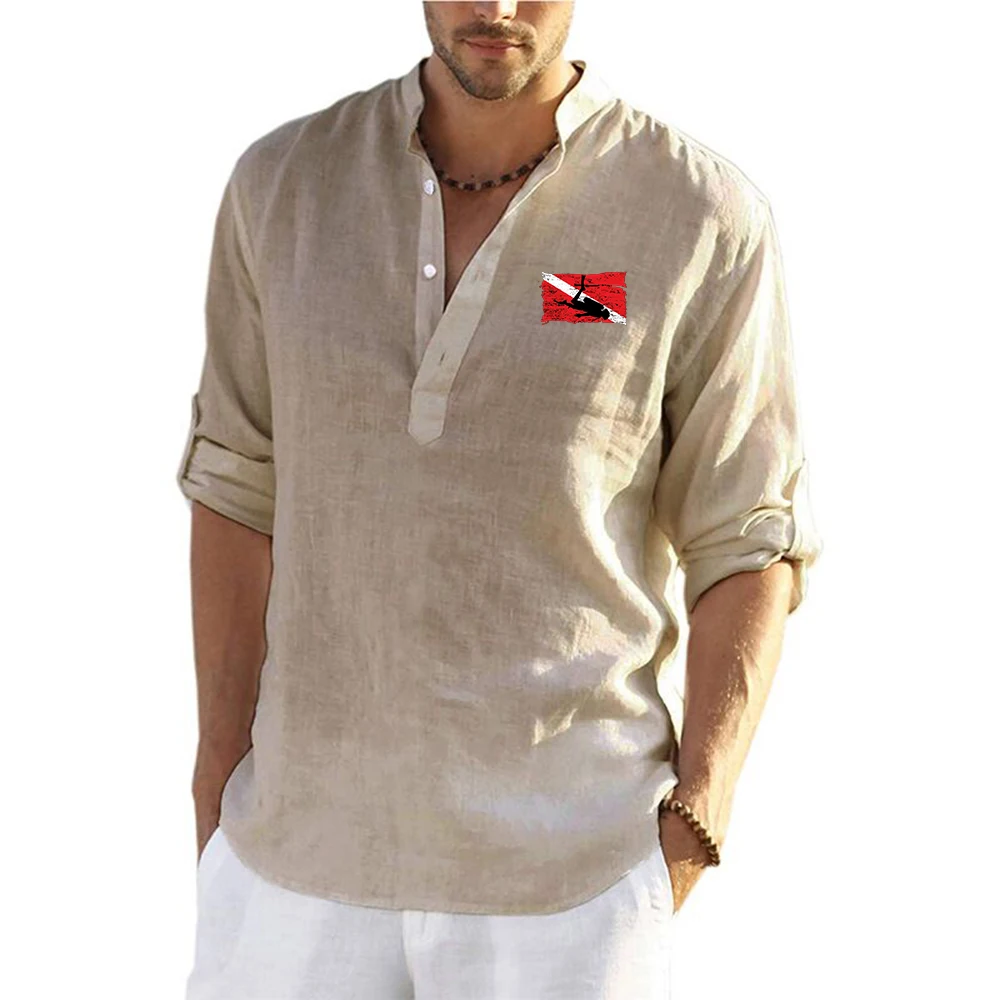 2026 Spring Autumn Scuba Diving Diver Man's New Cotton Linen Long-Sleeved Shirts Solid Color Stand-Up Collar Casual Tops
