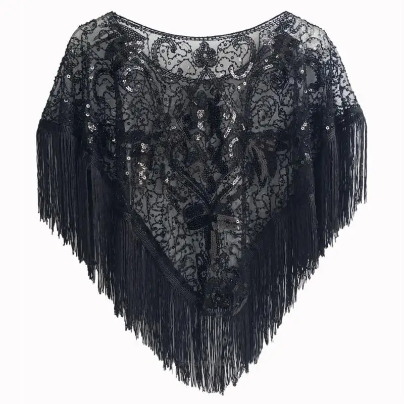 

X5XA Decorative Sequins Cloak Shoulder Wrap Fringe Shawl For Weddings Cocktail Parties