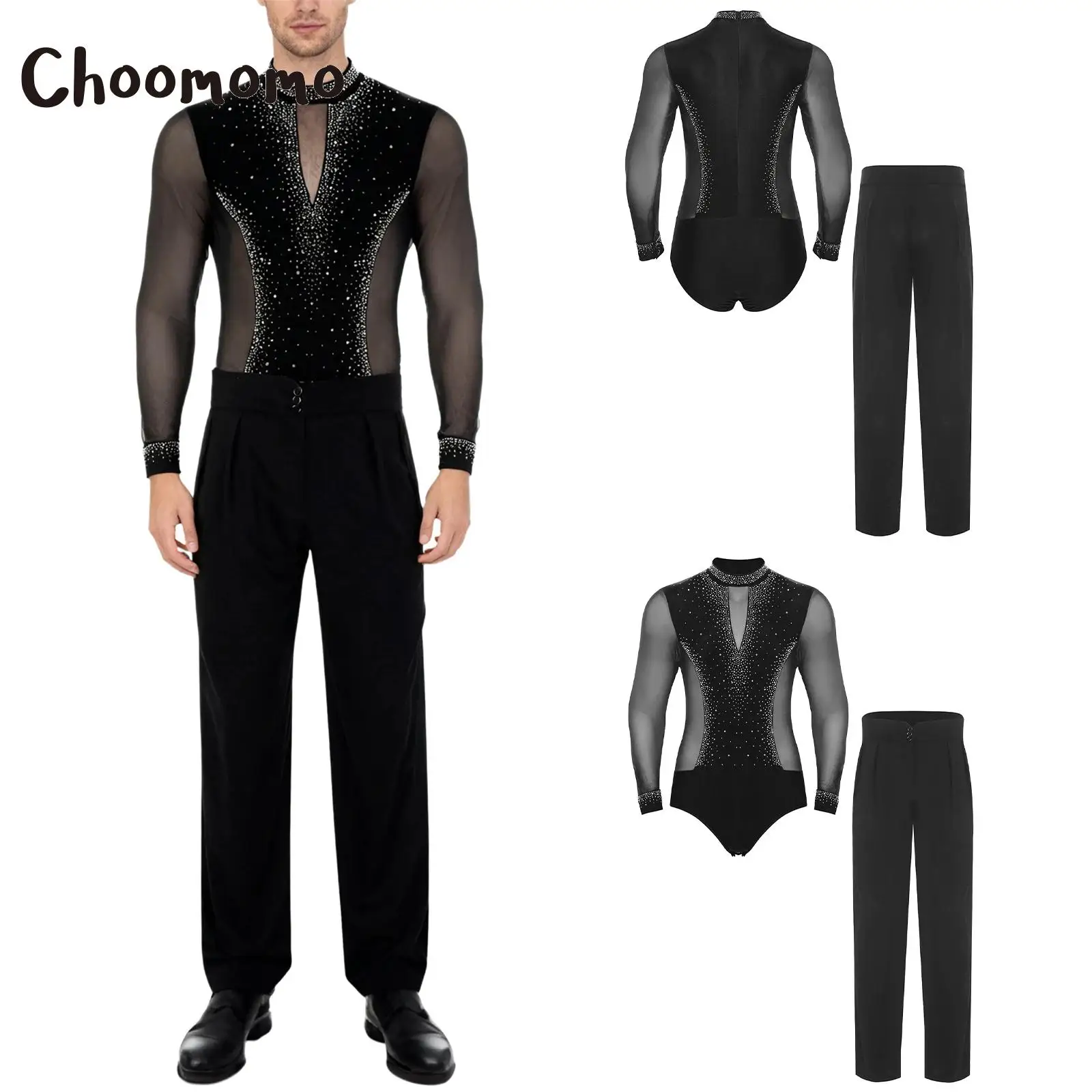 

Men Latin Dance Outfits Long Sleeve Rhinestones Mesh Leotard Bodysuit +High Waist Pants Skating Ballroom Tango Chacha Dancewear