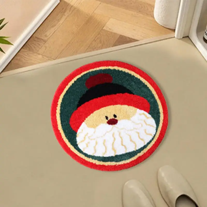 Christmas Bathroom Rug Round Santa Claus Bath Mats Anti-Slip Bath Carpet Shower Rug Soft And Absorbent Polyester Mat For Bedroom