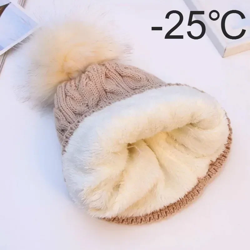 Women Winter Bonnet Soft Thick Fleece Lined Dual Layer Faux Fur Pom Pom Knitted Skullies Beanies Hats Fashion Outdoor Sports Cap