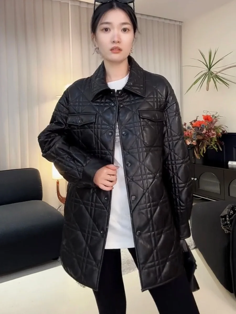 

Thinner Genuine eepskin Leather Jaet Women's Coat Middle-Length Windbreaker Warm Diamond Pattern 2023 Winter New Arrival
