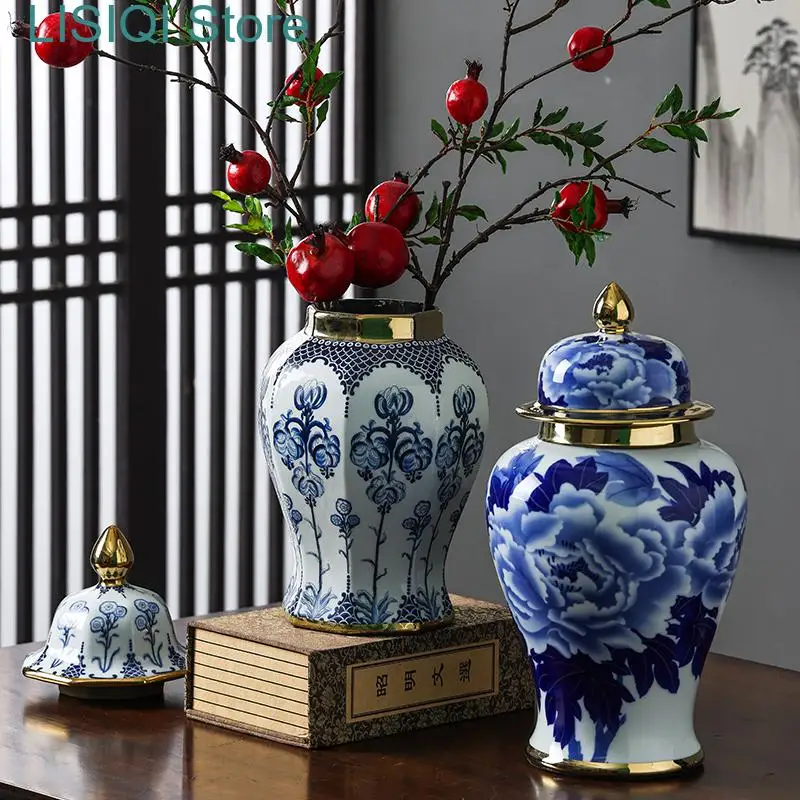 New Blue and White Porcelain General Jar Chinese Vintage Craft Ginger Jar Flower Vase Storage Tank with Lid Home Decoration