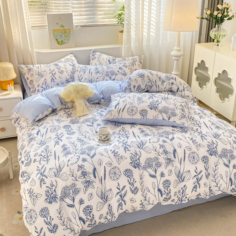 Imagem -03 - Seersucker Estilo Coreano Lavado Conjunto de Cama de Algodão para Meninas Gêmeo Queen Size Capa de Edredão Roupa de Cama Moda Infantil