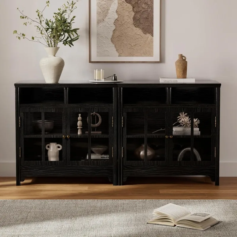 

Sideboard Buffet Cabinets Set of 2 with Glass Door Solid Wood Kitchen Storage Credenza with Open Shelf Display Cabinet