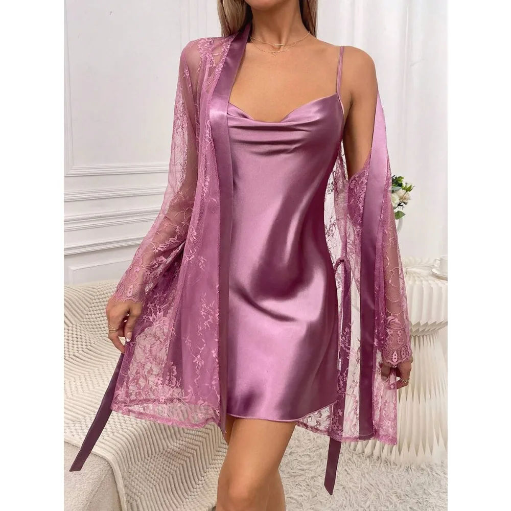 

SilkySpell Women's Lace Long Sleeve Robe And Cami Slip Nightgown Pajama Set, Fall Winter Clothes