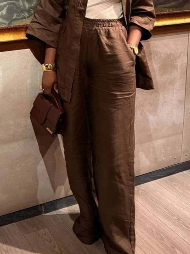 Pants Set For Women Spring Summer Loose Shirt Tops High Waist Wide Leg Trousers 2 Piece Sets Casual Office Ladies Trousers Suit