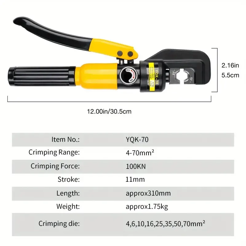 YQK-70 Yellow Manual Hydraulic Pliers Kit With 4/6/10/16/25/35/50/70mm² Hexagonal Crimping Mold, Plastic Tool Box Crimping Wire