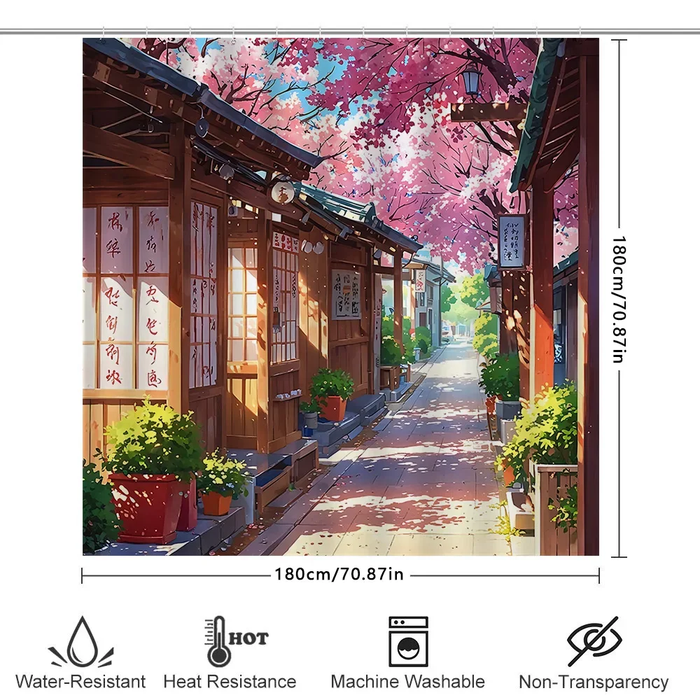 Japanese Style Cherry Blossom Alley Shower Curtain idyllic countryside home decor waterproof mildew-proof durable shower curtain
