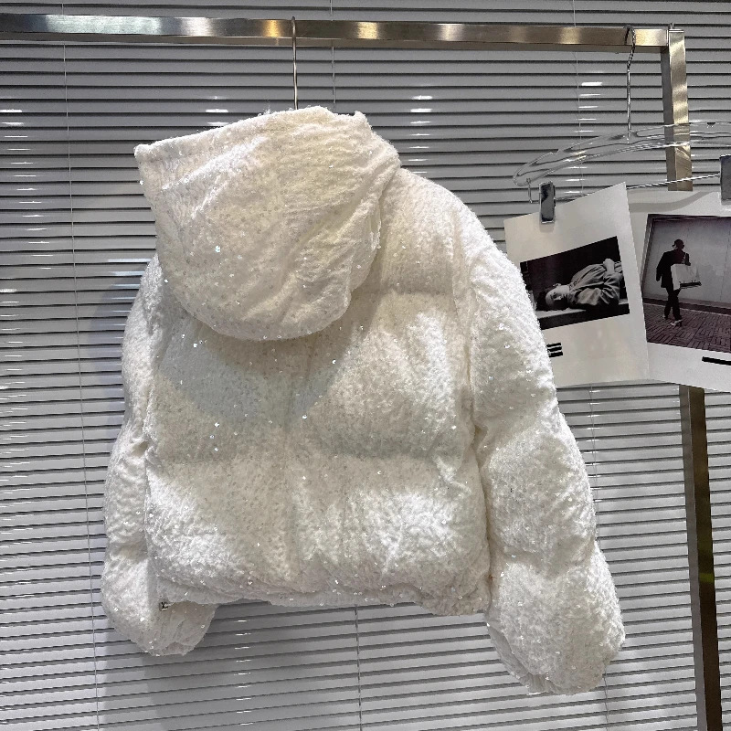 2025 겨울 신상 패셔너블 헤비 시퀸 따뜻한 후드 패딩 재킷, 면 코트 트렌디, 여성용 레드 아우터웨어