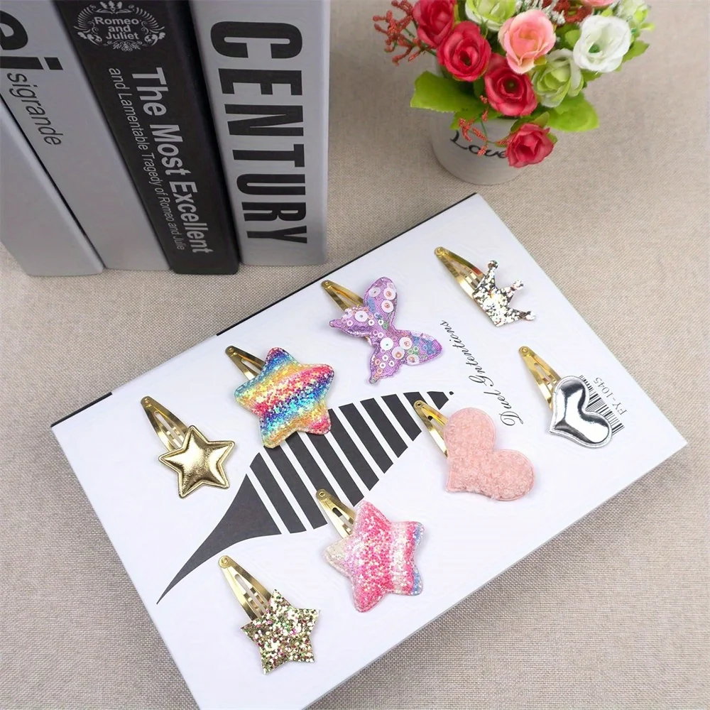 16pcs Hair Clips for Girls Assorted Shaped Barrettes And Pins - Star Crown Heart Butterfly Metal Snap Hair Accessories