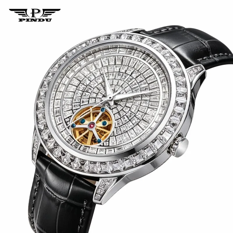 PINDU Design Diamond-set Hollow Mechanical Wrist Men Wristwatches Men Fashion Luxury Diamond Stainless Steel Leather Watch Men