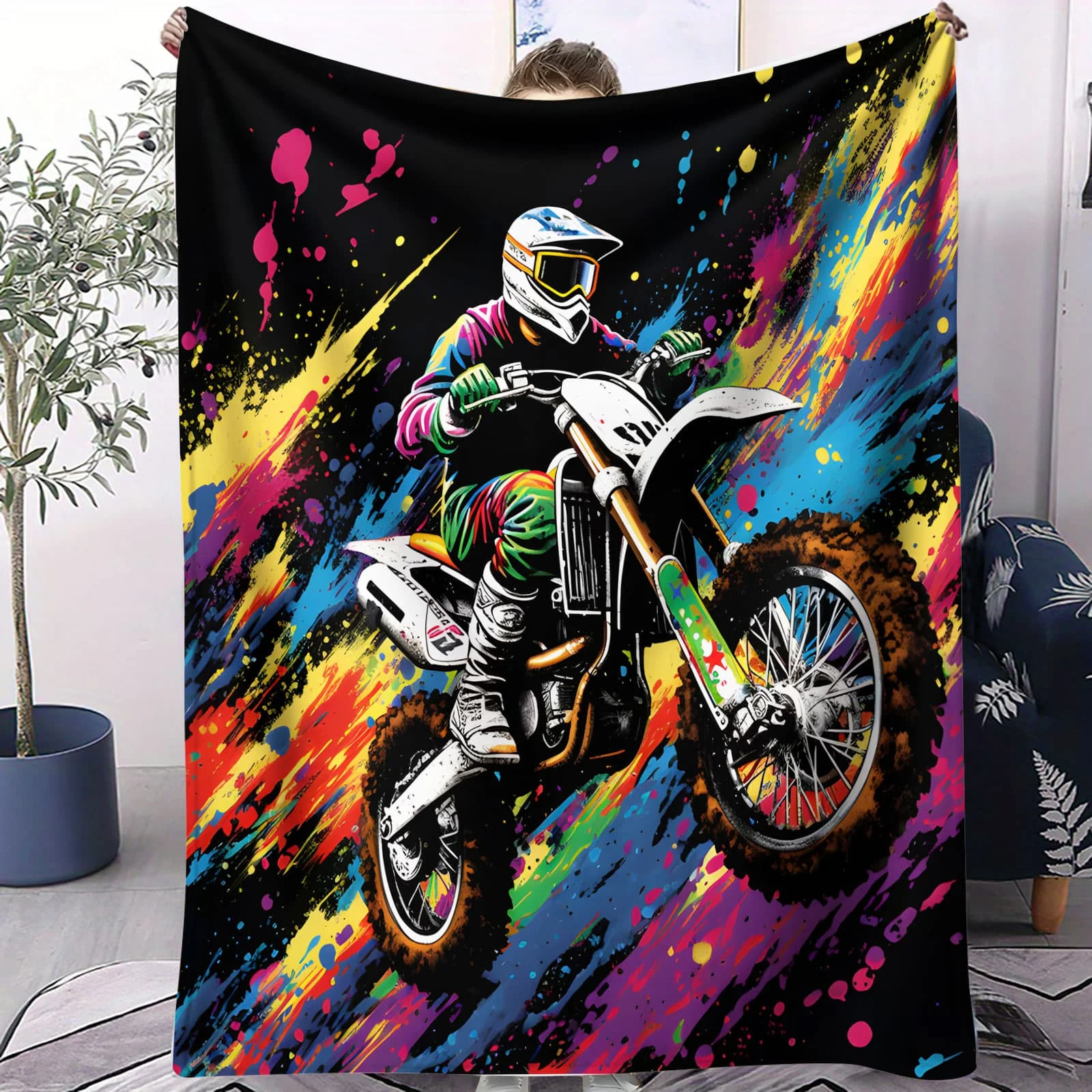 Neon Motocross Rider Kunstdecke, auffälliger, energischer Überwurf für Schlafzimmer, Sofa, ideal für Extremsportfans, Freizeitdekoration