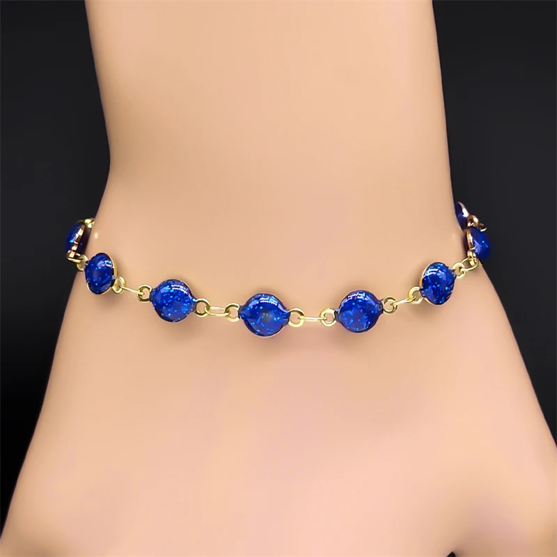 Korean Elegant Bracelets for Women Blue Crystal Stainless Steel Gold Color Chain Fashion Jewelry Accessories Party Gifts BXS04