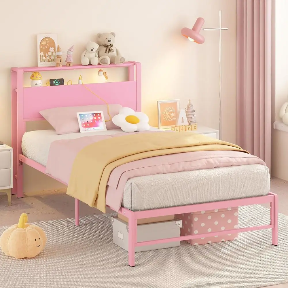 Pink Heavy-Duty Metal Twin Bed Frame with 2-Tier Storage Headboard, No Box Spring Needed, for Girls