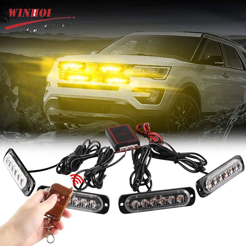 4 in 1 LED Warning Strobe Light Wireless Control 12V Car Grille Emergency Flash Signal Lamps Auto Stroboscope for Truck Offroad