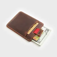 Cowhide Mens Leather Card Holder Wallet with Driver License Case and elastic string