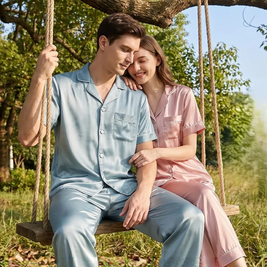 2026 Summer New Couples 100% Mulberry Silk Pajamas Short Sleeve Long Pants Sleepwear for Home Wear And Holiday Gift