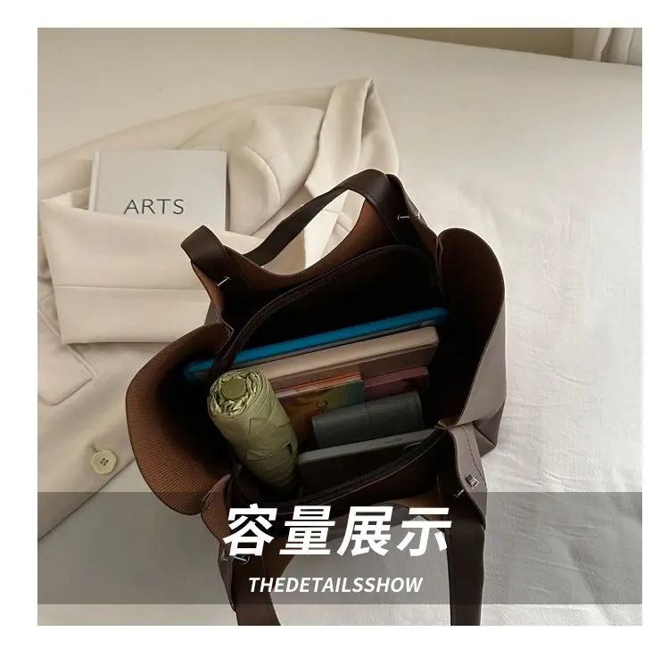Large Capacity Tote Bag Women's New Retro Versatile College Student Texture Class Travel Commuting PU Bag