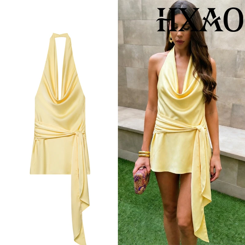 HXAO Neckholder-Kleider für Damen, Sommerkleid aus Satin, gelbes Minikleid, sexy, rückenfrei, elegante Partykleider, geknotetes kurzes Strandkleid