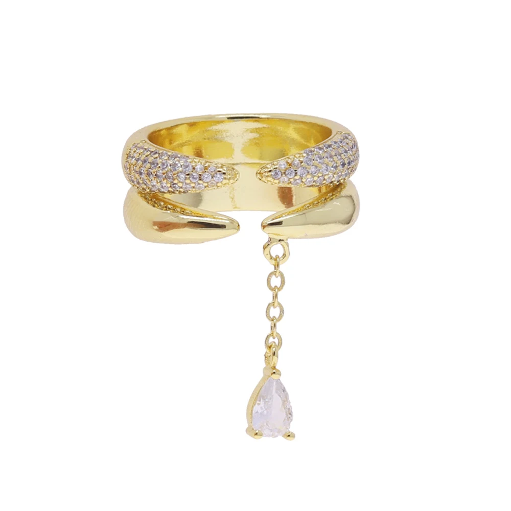 New Unusual Design Drop CZ Tassel Gold Color Open Ring Fashion Jewelry For Women Girl's Finger Exquisite Accessories