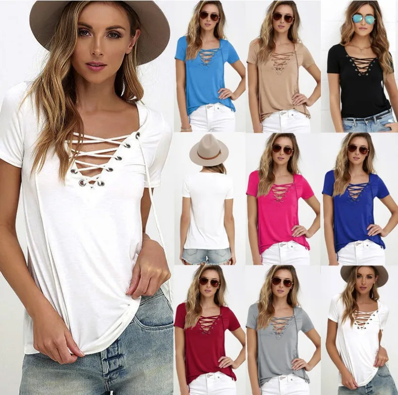 T shirt women 2026 fashion best-selling summer Sexy hollw out drawstring V-neck solid color top tshirt women's cheap clothing