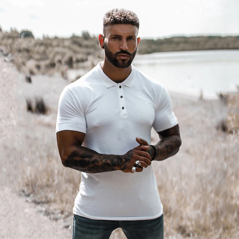 Gym Bodybuilding Fitness Tight Polos Mens Casual Sport Quick Dry Clothing Plain Summer Breathable Short Sleeve Lapel Polo Shirts