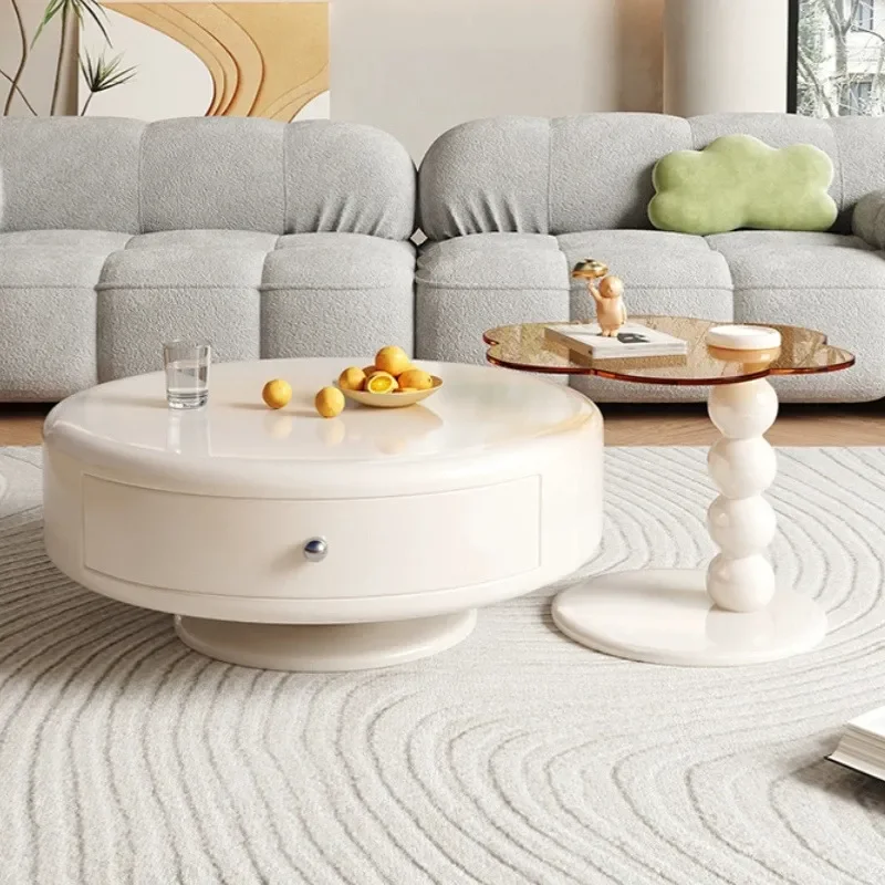 Cream French Style Round Coffee Table Modern Simple Rotating Cloud Design for Small Apartment Living Room Light Luxury Home