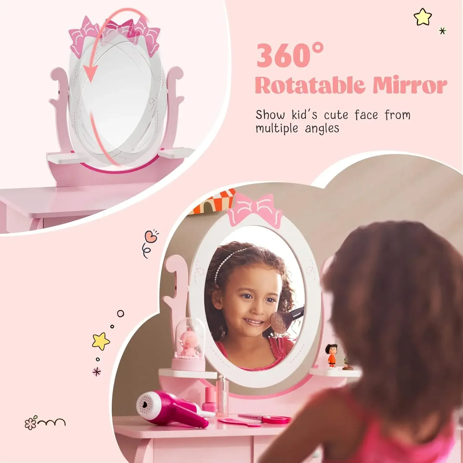 2-in-1 Kids Vanity with Detachable Top & 360° Rotating Mirror, Vanity Set w/ Stool and Drawer, Princess Dressing Table & Chairs