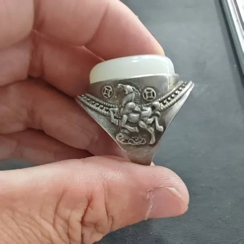 Unisex Bohemian Ethno-Ring mit geprägtem Pferde-Münzen-Motiv, rund, imitiert Jade, versilbert, Retro, offen, verstellbar, Fingerschmuck – Detail 3