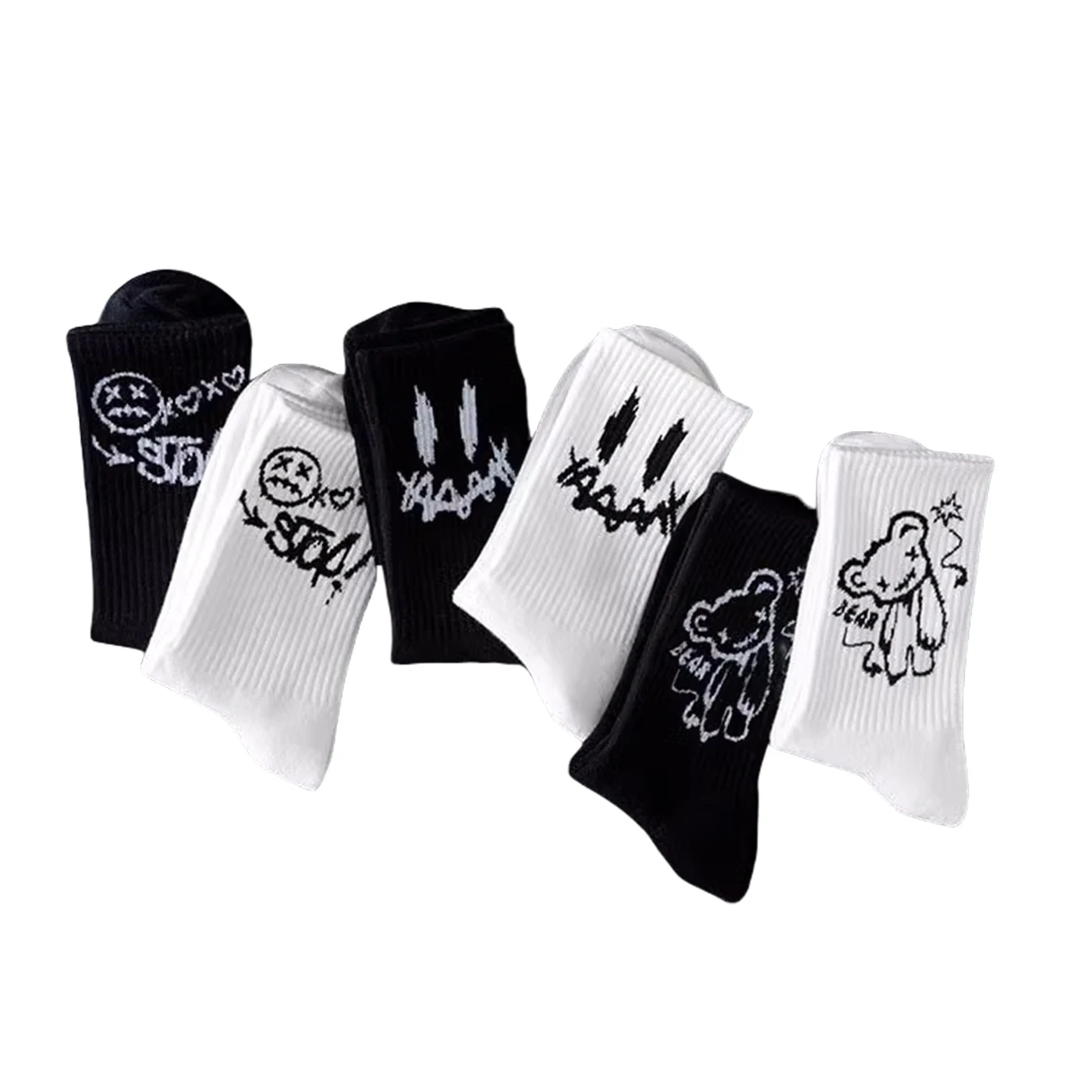 5pairs Men\'s Black And White Letter Cartoon Bear Trendy And Versatile Mid-Calf Sweat-Absorbent Crew Socks