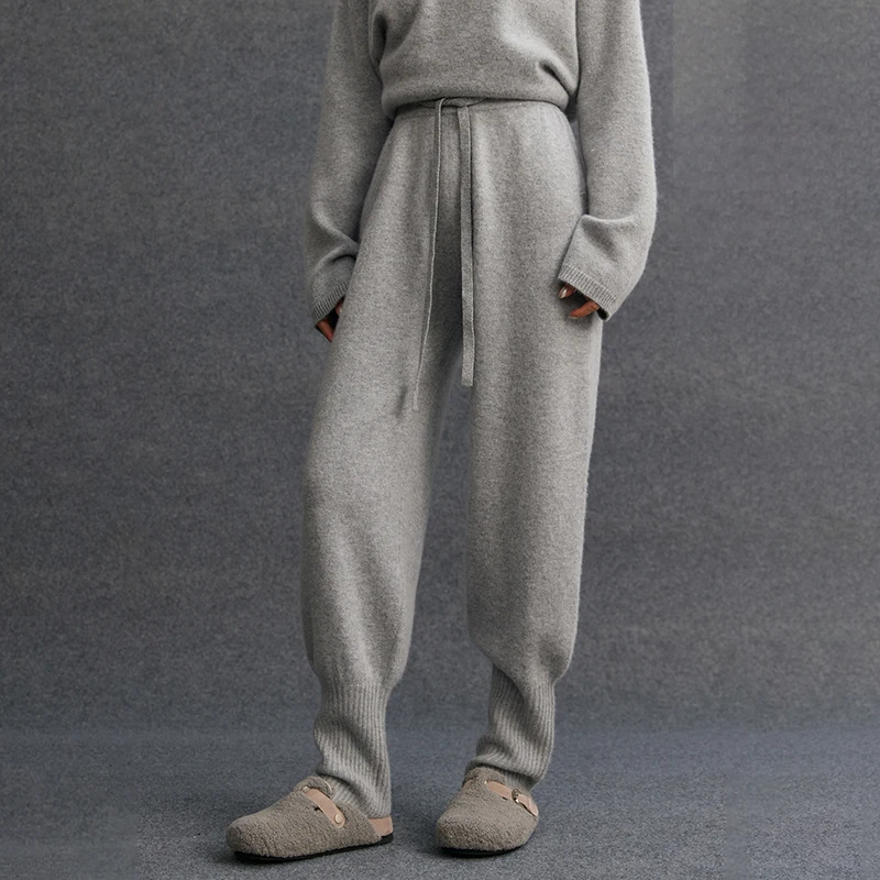 High quality Autumn Winter Women's Pure Cashmere Sport Pants Elastic Waist Loose Leg Pencil Pants 100% Cashmere Knitted Trousers