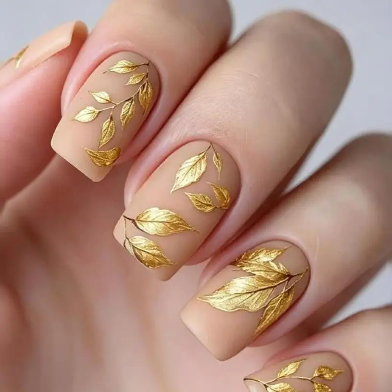 5D Embossed Gold Silver Leaf Nail Decals Self-Adhesive Fall Themed Stickers for Thanksgiving Manicure Decor