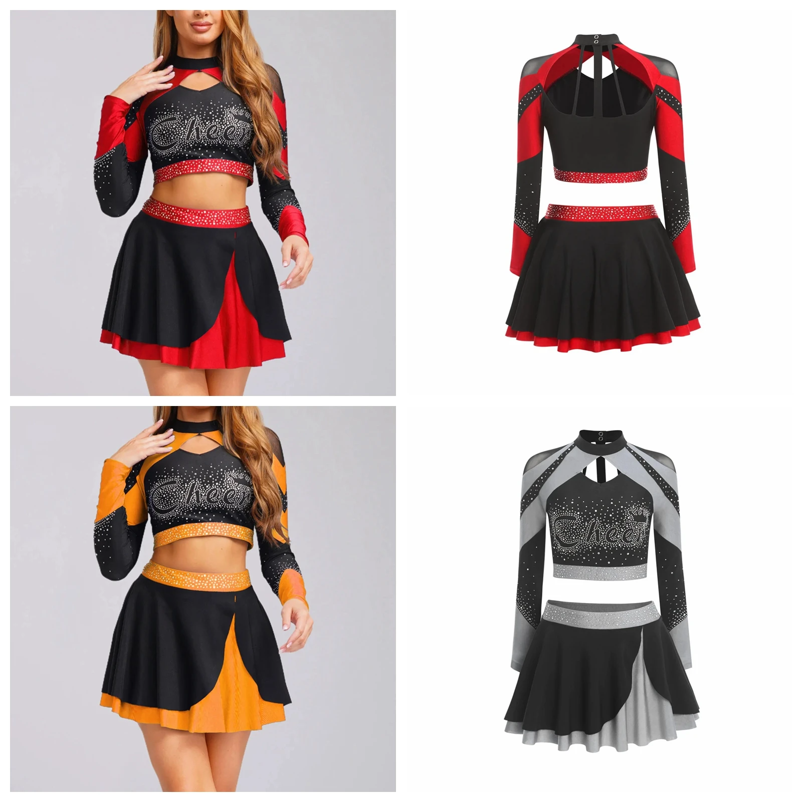 

Women Cheerleading Uniform School Girls Long Sleeve Cheering Team Outfits Cheerleader Costume Dancewear Clothes Cheer Dance Sets