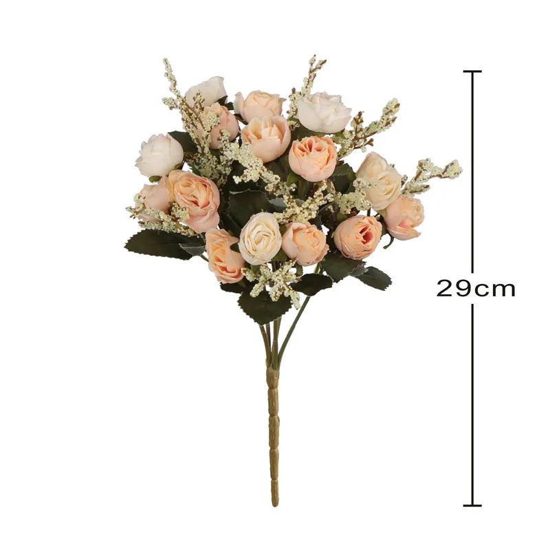 YO CHO Artificial Silk Rose Flower for Girl  Wedding Mini Bouquet  DIY Home Party Decoration  15 Heads  Champagne Blue