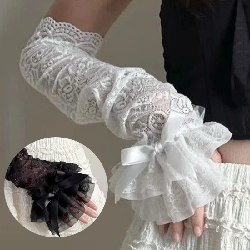 Hollow Out Lace Long Arm Sleeves Girl Sexy Removable White Black Summer Thin Sun Protection Fingerless Gloves Fashion Mesh Cuffs