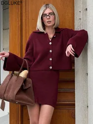 DGLUKE-Ensemble cardigan et jupe bordeaux pour femme, pull assressenti, tenue de festival, mode, automne, hiver, 2 pièces