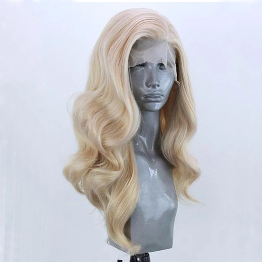 Lange golvende blonde synthetische kant voor vrouwen Gloden Blonde Drag Queen pruik