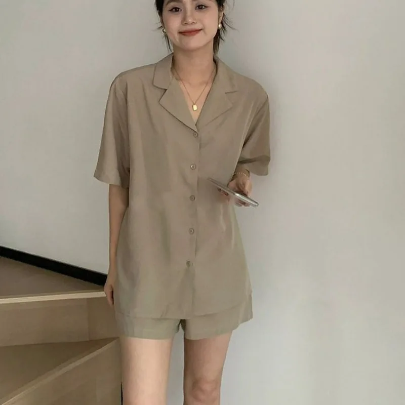 Women Pajamas Sets for Home Summer Solid Sleepwear Shorts Sleeve Turn Down Collar 2 Pieces Night Wears Korean Home Suit 2024 New