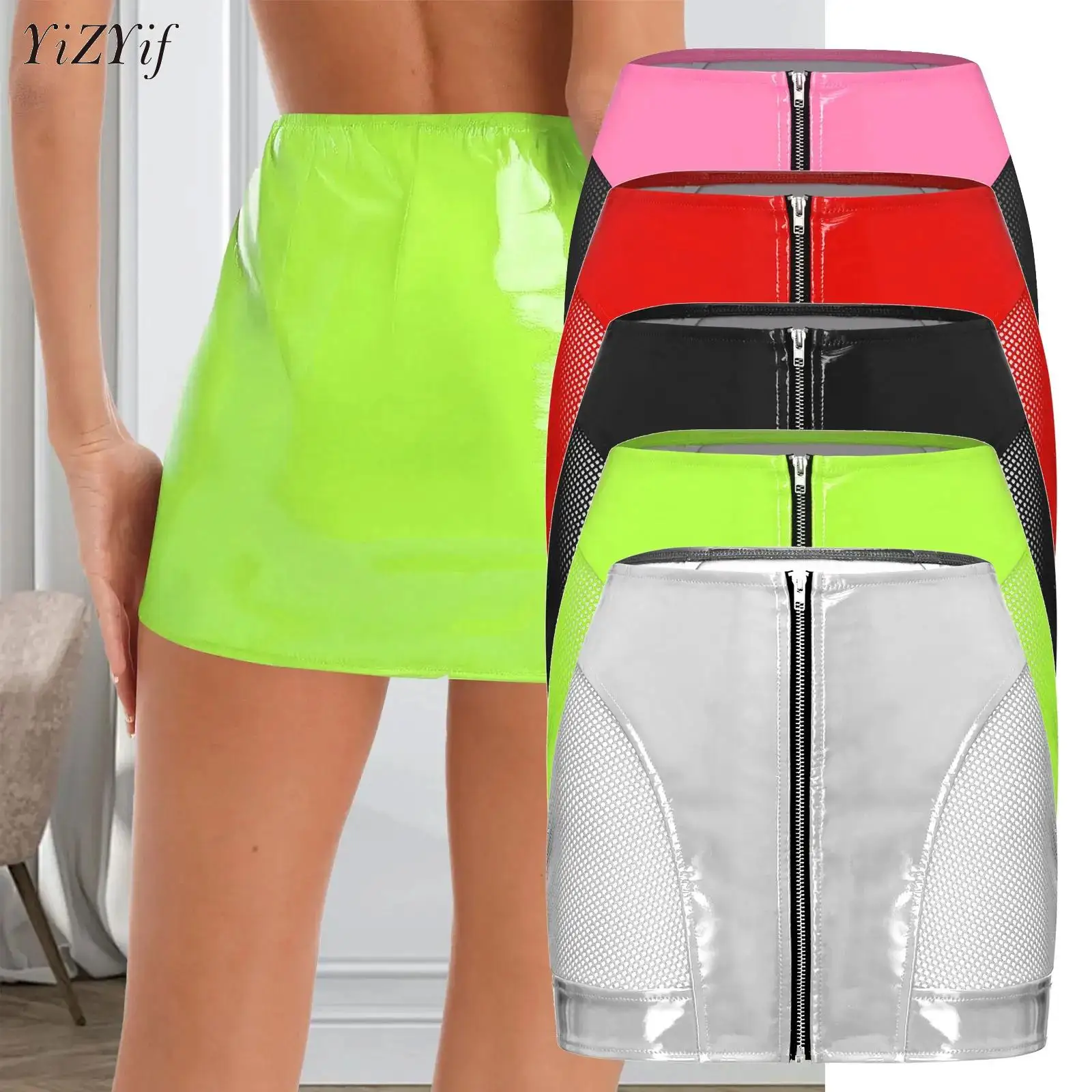 

Женская мини-юбка из искусственной кожи с прозрачной сеткой, дышащая, с высокой талией, микро-юбка с мокрым эффектом для карнавала, вечеринки, наряд с высоким эффектом