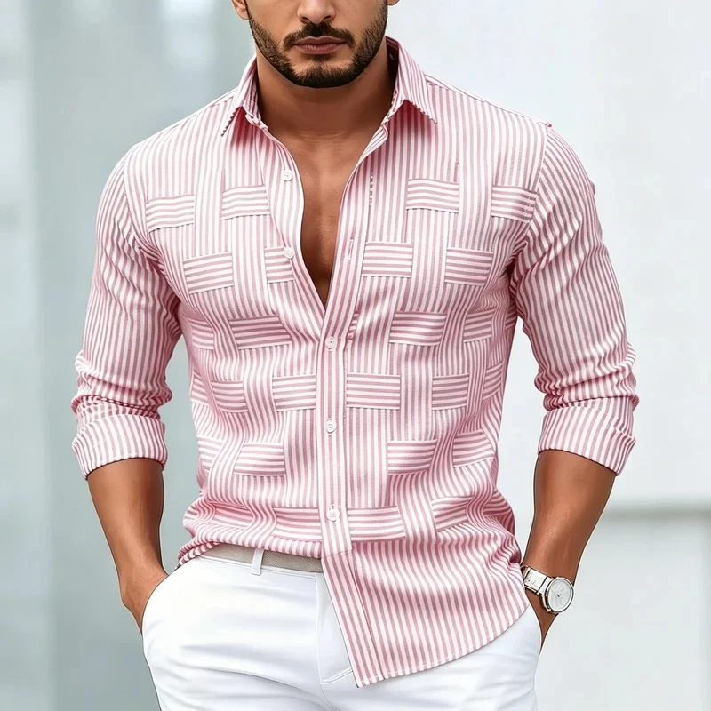 Creative Striped Shirt for Men, Black and White Color Blocking Geometric Long-Sleeved Versatile Drape Top for Commuting