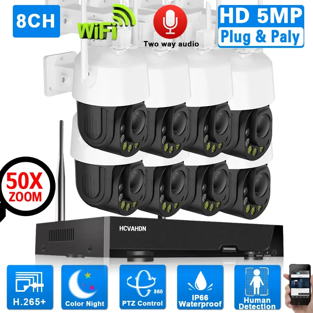 50X Zoom 5MP Wifi PTZ Security Camera  System Kit Outdoor 8CH Wifi NVR Kit Human Detection Wireless CCTV Video Surveillance Kit