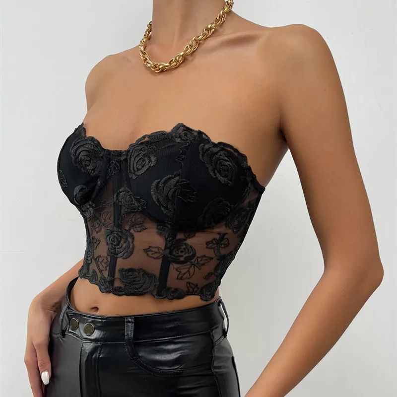 Yimunancy Strapless Crop Top Women Floral Backless Top Ladies Black Sexy Top Clubtwear