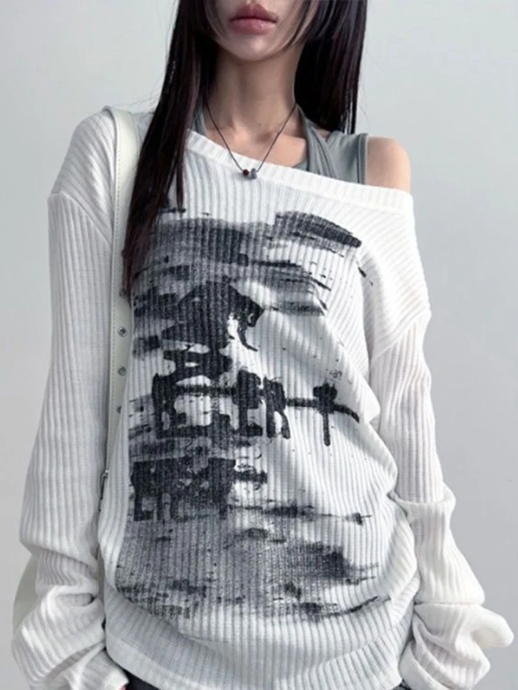 Y2k الأمريكية طويلة الأكمام تي شيرت خمر المرأة عادية غير المتكافئة طوق إلكتروني طباعة القمم مثير Harajuku سليم 2025 الخريف #3