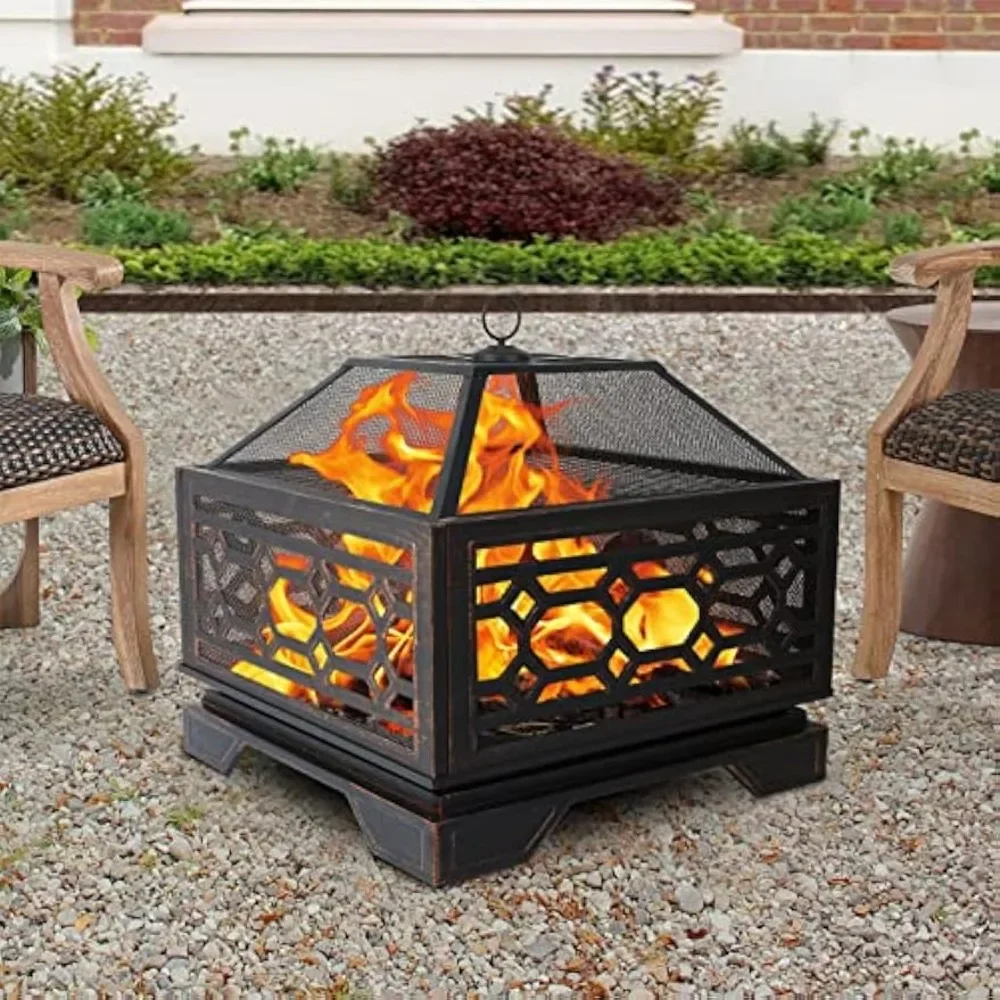 

26 Inch Outdoor Fire Pit Square Extra Deep Wood Burning Firepits Large Bonfire with Cooking Grate & Poker for Outside,