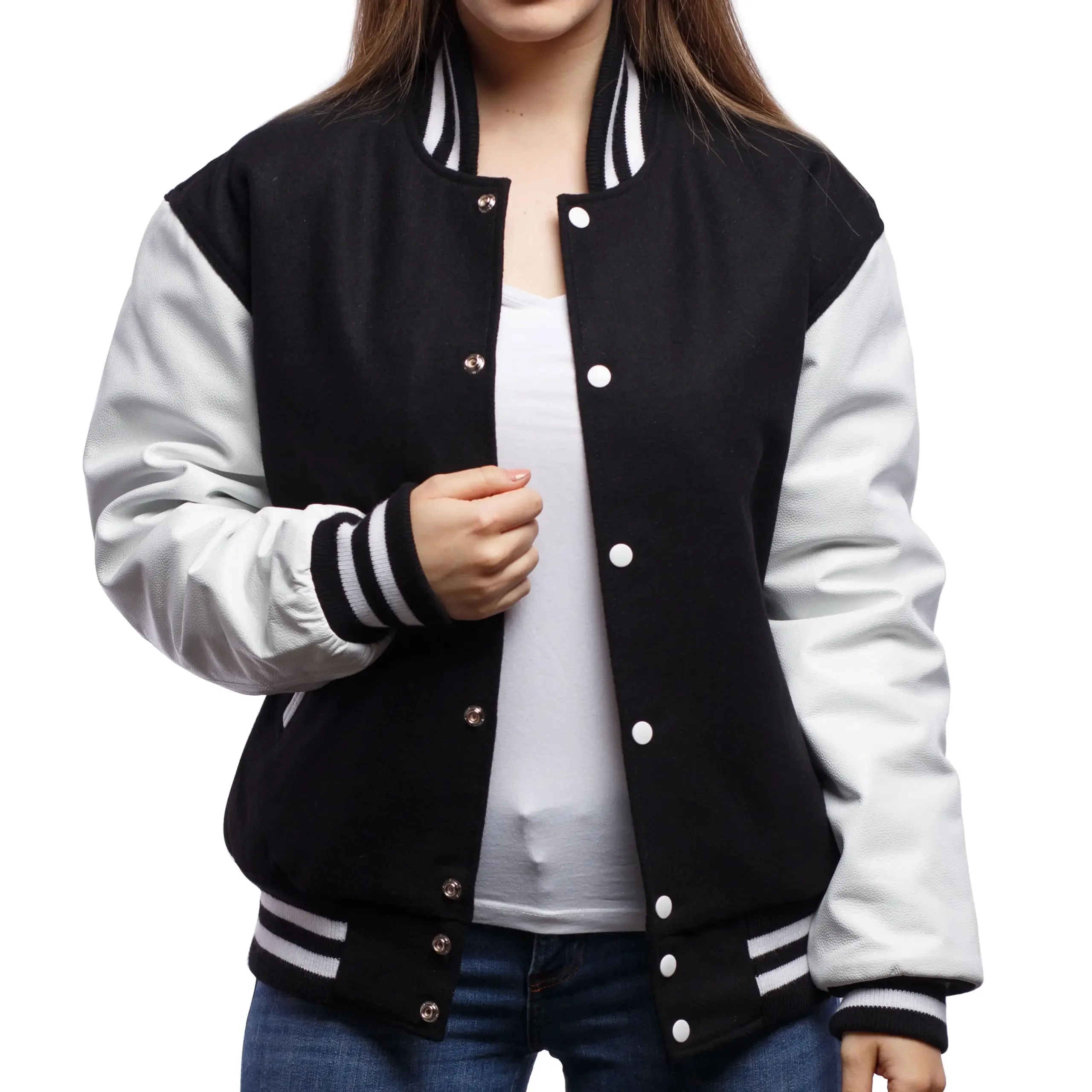 เสื้อแจ็คเก็ตเบสบอลสีดำขาวสำหรับผู้ชาย ลายพิมพ์ด้านหลังรูปอคะซ่าจากดาบพิฆาตอสูร ผิวสีน้ำเงิน ผมสีแดง ลายหกเหลี่ยม และโลโก้วงกลมสีเหลือง