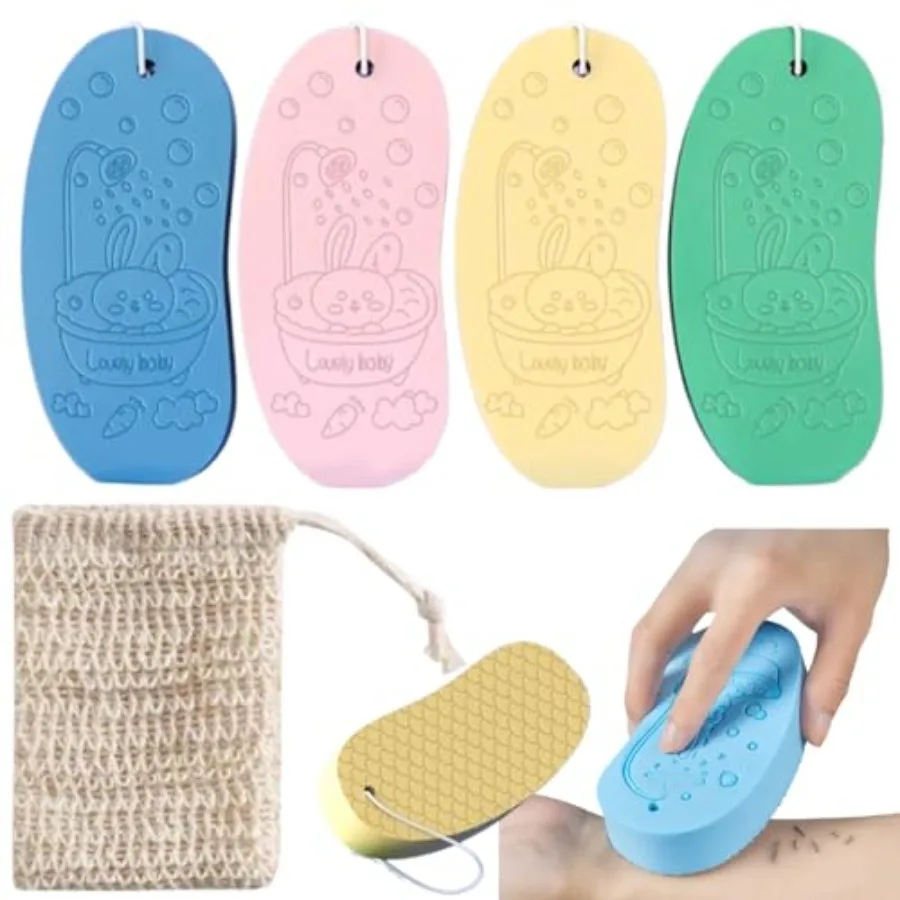 4 Pcs Exfoliating Bath Sponge for Smooth Skin - Body Scrubber with Soft Textured Surface, Creates Rich Lather, Gentle for Sensi