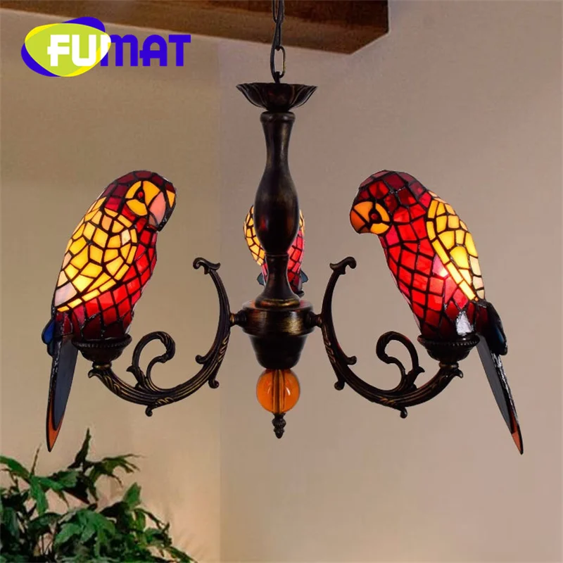 FUMAT Tiffany style stained glass Red Parrot Bird hanging light Hotel Villa living room dining hallway LED decor Pendant lamp